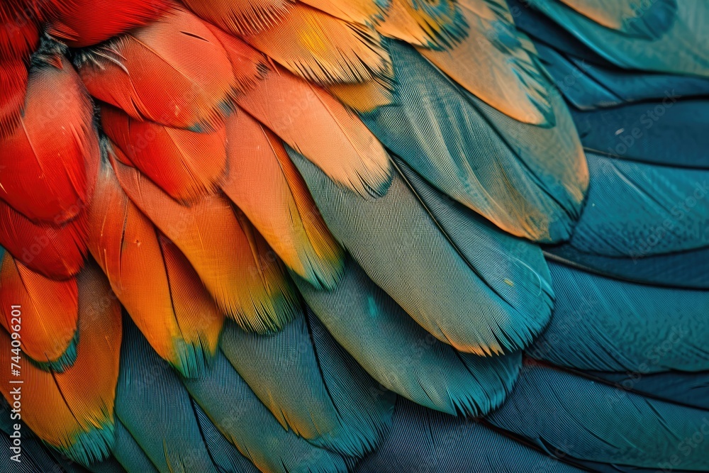 Obraz premium Close-Up of Colorful Birds Feathers, Background with imagery that is abstract, yet reminiscent of a bird's feathers, AI Generated