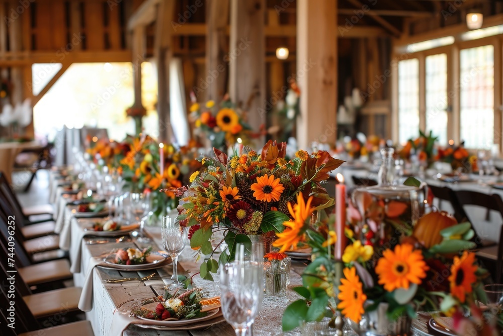 A long table adorned with a variety of flowers arranged beautifully, Barn wedding in a rustic setting with harvest-themed decorations, AI Generated A long table adorned with a variety of flowers arranged beautifully, Barn wedding in a rustic setting with harvest-themed decorations, AI Generated
