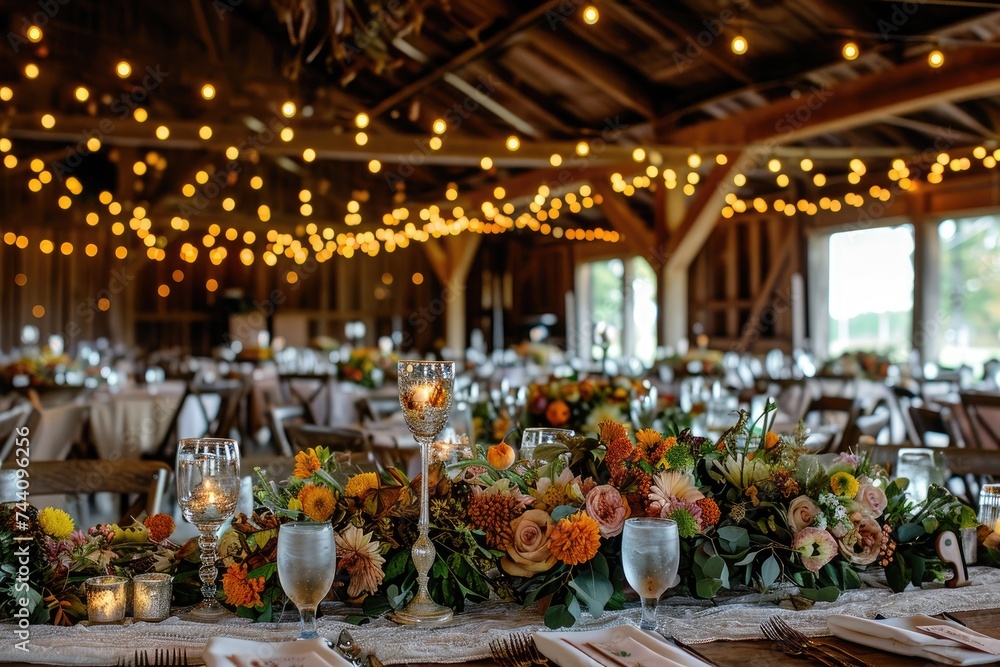 A table covered in an assortment of flowers and candles, creating a vibrant and inviting atmosphere, Barn wedding in a rustic setting with harvest-themed decorations, AI Generated