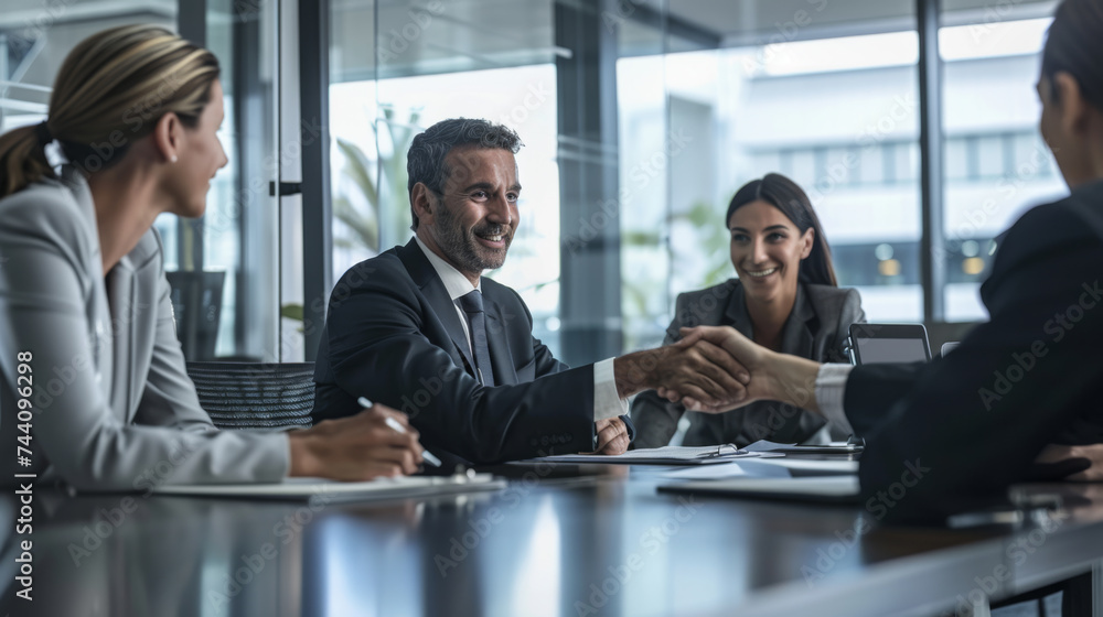 Professionals are engaged in a handshake over a meeting table, symbolizing a successful agreement or partnership in a corporate setting. Professionals are engaged in a handshake over a meeting table, symbolizing a successful agreement or partnership in a corporate setting.