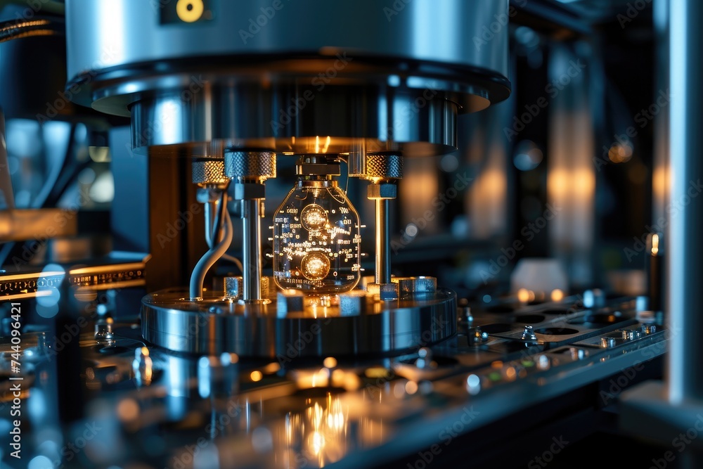 A detailed view of a machine with a functioning clock mechanism displayed prominently, Patient's data analysis on a quantum computer, AI Generated A detailed view of a machine with a functioning clock mechanism displayed prominently, Patient's data analysis on a quantum computer, AI Generated