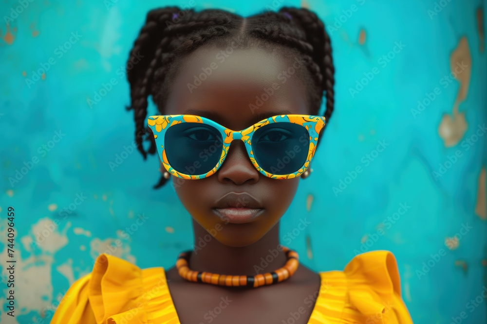 A striking portrait of a girl with braided hair wearing patterned sunglasses, against a vibrant turquoise background, exuding confidence and style. A striking portrait of a girl with braided hair wearing patterned sunglasses, against a vibrant turquoise background, exuding confidence and style.