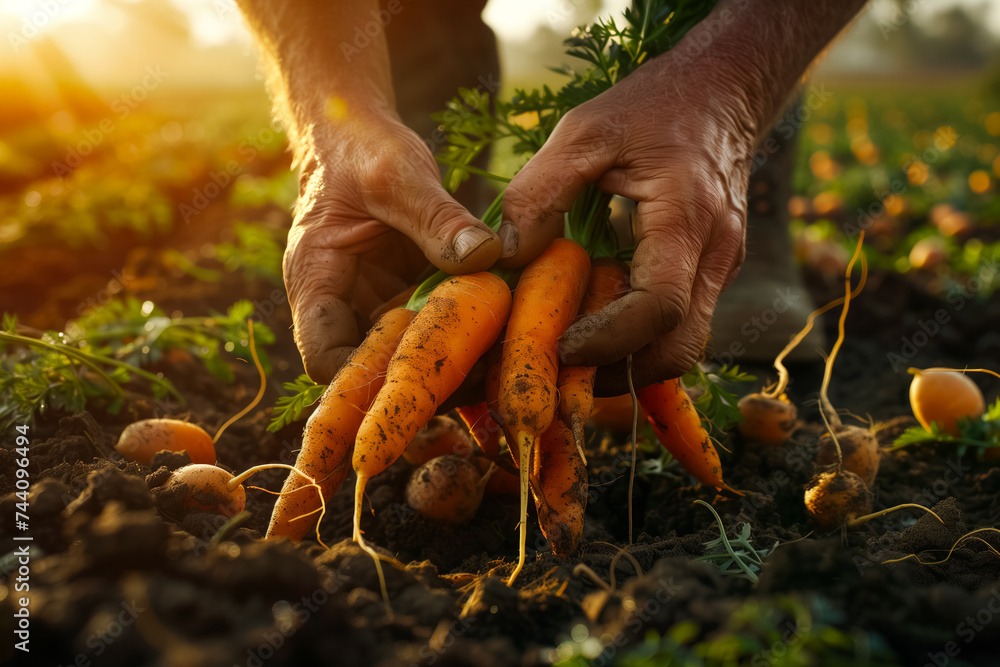 Close-up of hands picking organic carrots from the soil at sunset - obrazy, fototapety, plakaty 