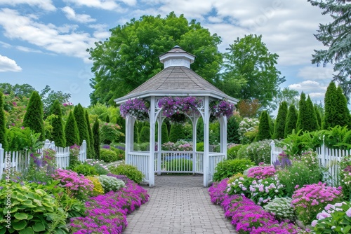 A white gazebo stands in the midst of a vibrant array of flowers and trees, Beautiful garden celebration with a gazebo in full bloom, AI Generated