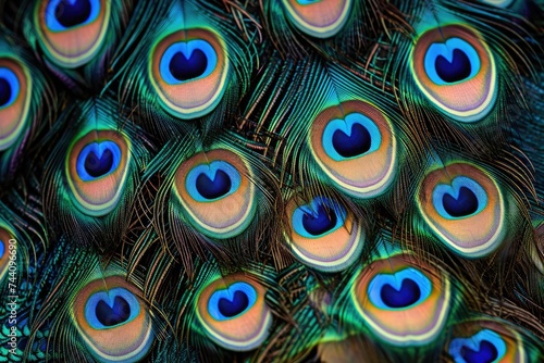 This close up view captures the vibrant colors and intricate patterns of a peacocks feathers in stunning detail, Patterned design of peacock feathers, AI Generated © Iftikhar alam