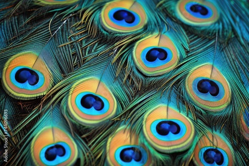 A close-up photograph showcasing the intricate blue and green patterns of a peacocks feathers, Patterned design of peacock feathers, AI Generated © Iftikhar alam