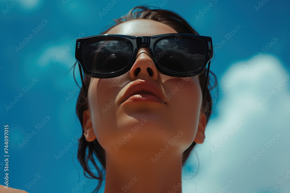Low-angle shot of a woman with black sunglasses against a clear blue sky, exuding coolness and mystery with a minimalist yet striking composition.
