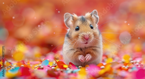 A curious mouse stands atop a colorful pile of confetti, representing the playful and mischievous nature of these small rodents in the muroidea family