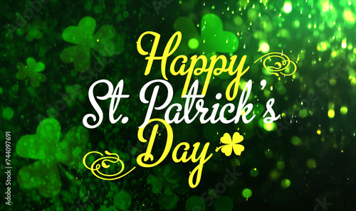 Happy St. Patrick's day card. Text and clover leaf illustrations on black background with bokeh effect. Banner design