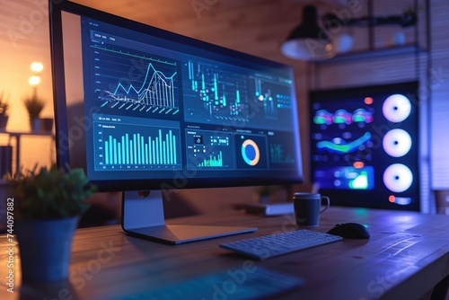 A computer monitor is placed on top of a sturdy wooden desk, Performance metrics and KPIs in a digital dashboard visual, AI Generated