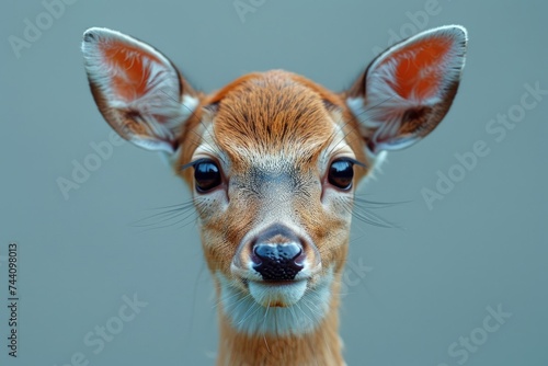 Captivatingly intimate glimpse into the majestic world of a terrestrial mammal, as a fawn roe deer stands tall, showcasing its delicate snout and powerful presence photo