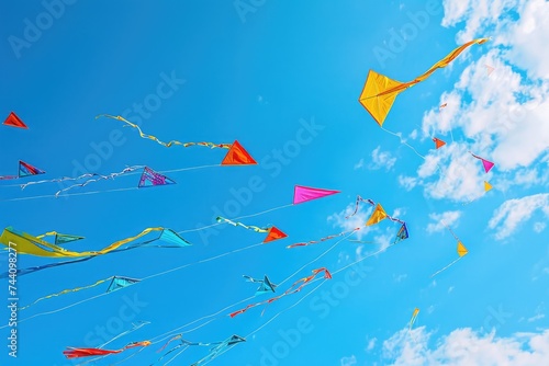 A vibrant assortment of kites soaring high above, displaying a myriad of colors, patterns, and shapes, Bright colored kites soaring against a vivid blue summer sky, AI Generated