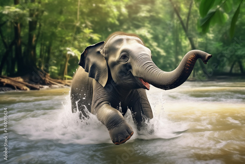A young Thai elephant having fun swimming in the river  In the jungle. National Thai Elephant Day. World Elephant Day. Front view. 