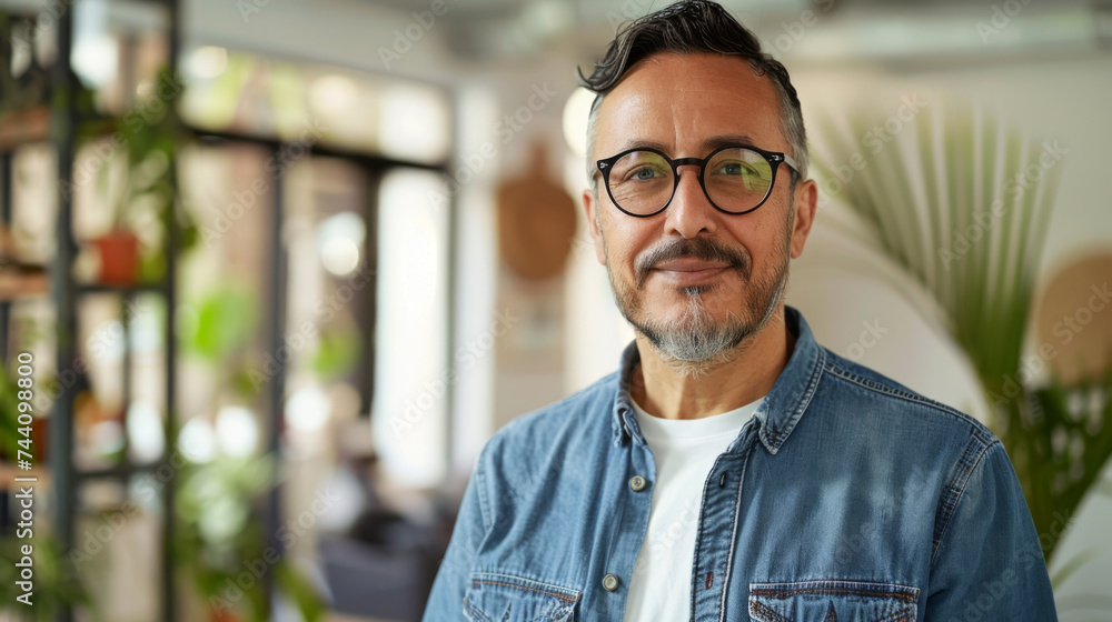 A poised man with glasses, wearing a casual denim shirt, gives a gentle, confident smile in a naturally lit office space. A poised man with glasses, wearing a casual denim shirt, gives a gentle, confident smile in a naturally lit office space.