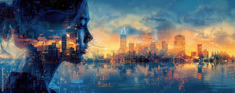 A mesmerizing painting captures the reflection of a woman's face in the tranquil waters below, while the city skyline and vibrant sunset create a stunning backdrop of urban beauty and natural wonder