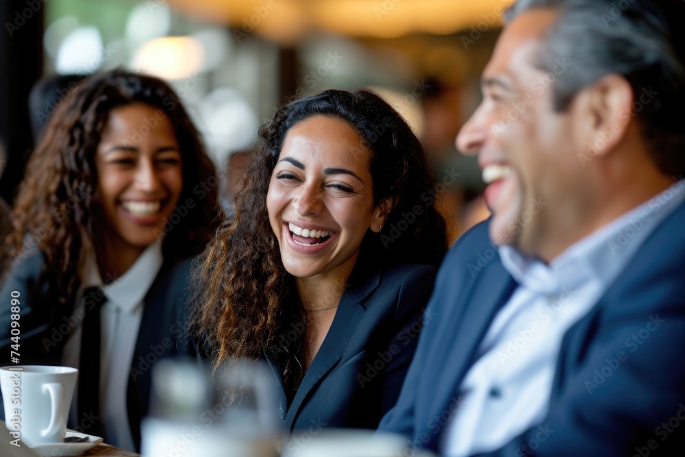 A diverse group of individuals sitting at a table, engaged in lively conversation and laughter, Business associates sharing a laugh during coffee break, AI Generated A diverse group of individuals sitting at a table, engaged in lively conversation and laughter, Business associates sharing a laugh during coffee break, AI Generated