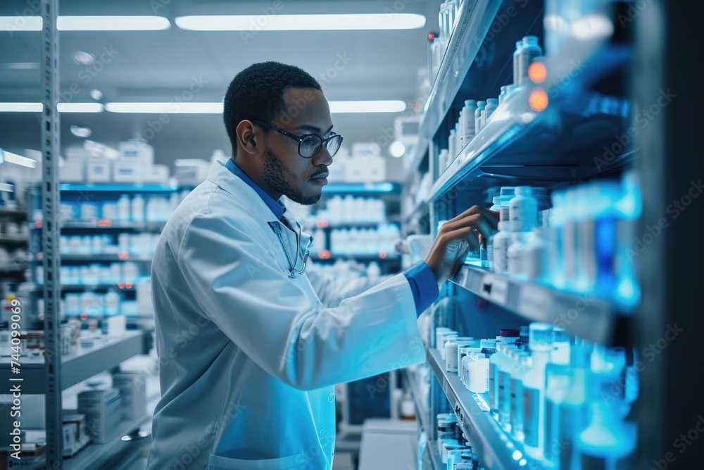 A scientist wearing a lab coat carefully inspects the contents of a shelf in a laboratory, Pharmacist using machine learning technology to make precision drugs, AI Generated A scientist wearing a lab coat carefully inspects the contents of a shelf in a laboratory, Pharmacist using machine learning technology to make precision drugs, AI Generated