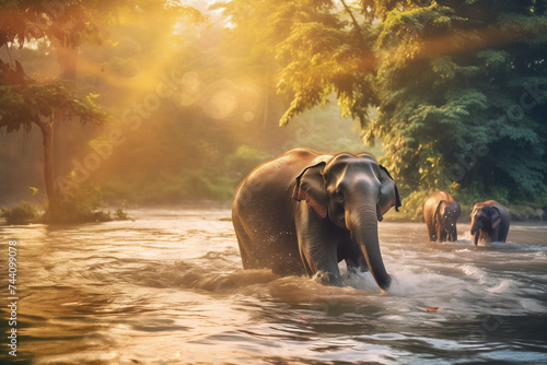 A family of Thai elephants swims in the river in the jungle, in the golden evening hour. National Thai Elephant Day. World Elephant Day. Front view.  © Елена Швецова