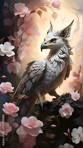 Magic bird in bright colour, white gryphon among the flower of the spring garden, good luck talisman, background image wallpaper for mobile phone, background for cellphones, mobile phone, iOS, Android