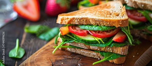 This photo captures a close-up view of a delicious spinach sandwich placed on a cutting board, showcasing a perfect balance of spinach satisfaction and sweetness with a fruit feast.