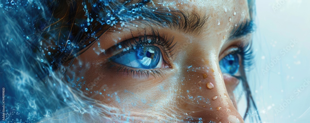 An intimate glimpse into the soul through the shimmering tears and delicate lashes of a human eye in a striking portrait