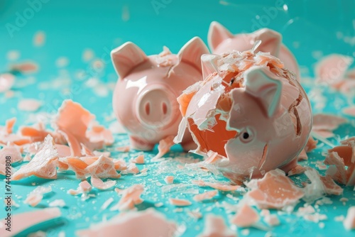 Two small pig figurines sitting on top of a wooden table, Pieces of a shattered piggy bank representing financial loss, AI Generated photo