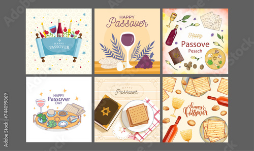 set of templates, Happy passover poster pictogram with moses, pyramid, typographic font and element, flat design