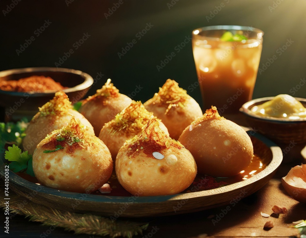 Delicious north and south indian street food pani puri gol gappa with tamarind water served - obrazy, fototapety, plakaty 