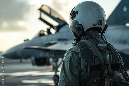A powerful fighter jet is parked on the airport tarmac, showcasing its imposing presence, Pilot preparing to board a high-speed interceptor jet, AI Generated photo