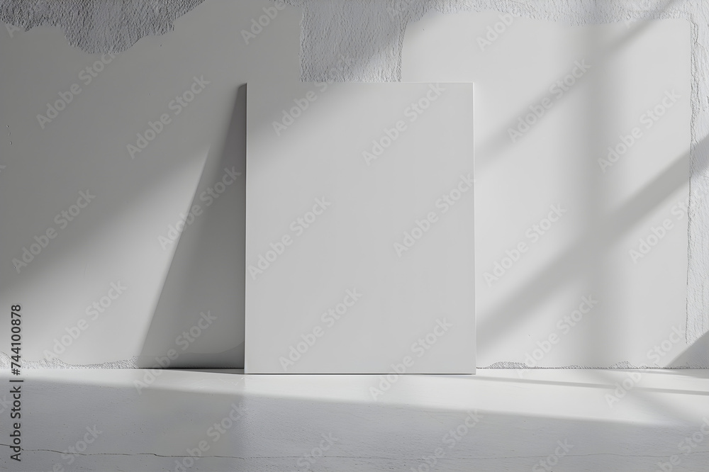 Fototapeta premium mockup of a blank white sign with a white plaster wall background