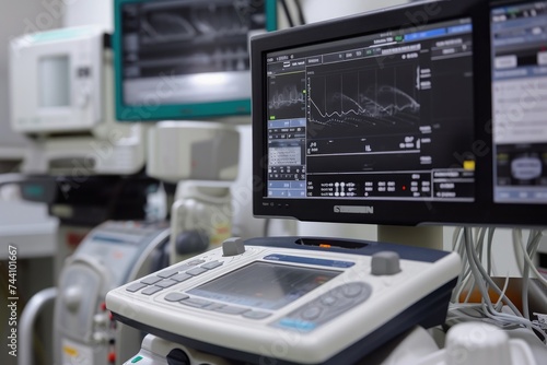 A hospital room equipped with a multitude of medical devices and monitors used for patient care and monitoring, Portable ultrasound machine in use, AI Generated
