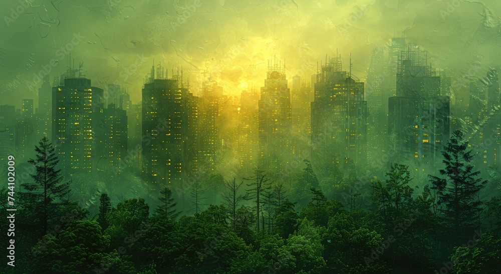 A foggy cityscape towers over a lush forest of trees, creating a serene outdoor oasis amidst the bustling skyscrapers - obrazy, fototapety, plakaty 