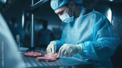 A medical worker in a mask and gloves examines meat on a metal table
