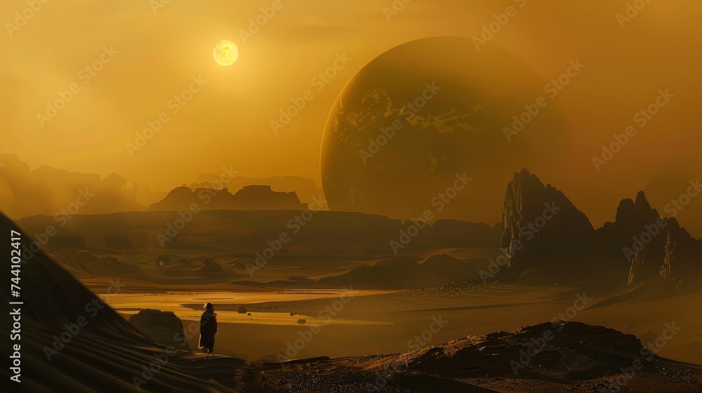 alien world background movie Dune exo planet men in black in desert epic scene by Midjourney 6
