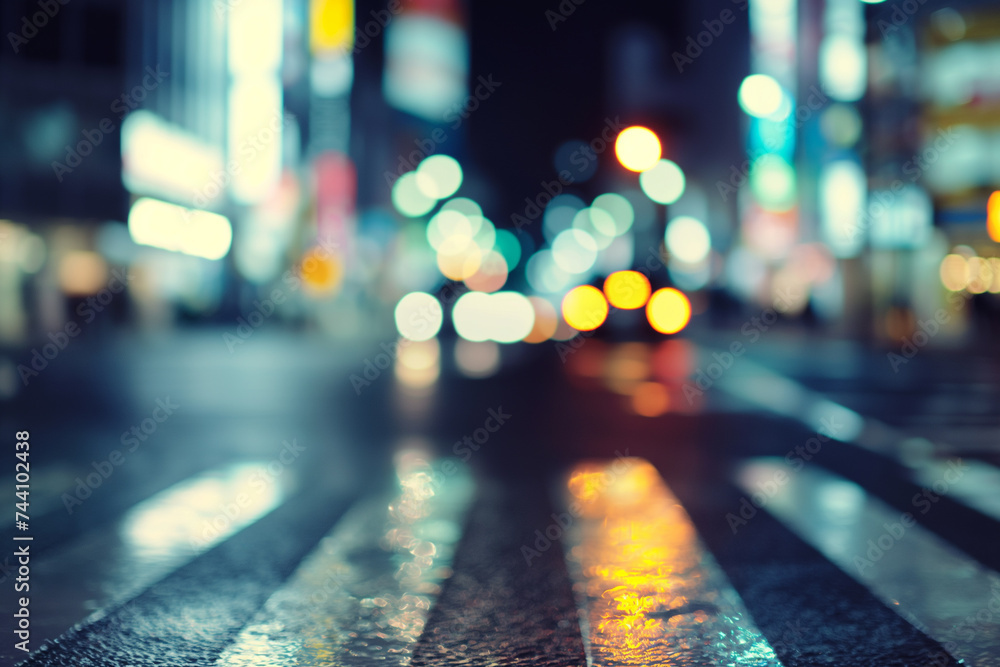 Rain-soaked streets of the city at night with a blurry view of lights ...