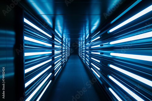 Illuminated neon blue lights in a modern corridor at night