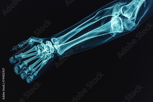 This x-ray image captures the intricate structure and bones of a skeletons hand, Projection of a 3D X-ray view of the human humerus, AI Generated