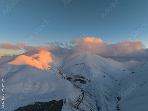 Palandöken Ski Center in the Sunset Lights Drone Photo, Winter Season Palandoken Mountains Erzurum, Turkiye (Turkey)
