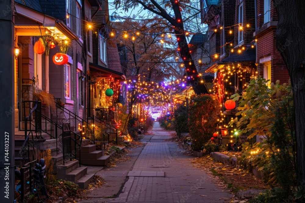 Fototapeta premium A lively city street adorned with colorful Christmas lights, creating a festive atmosphere for the holiday season, Quaint neighborhood with houses decorated in Halloween-themed lights, AI Generated