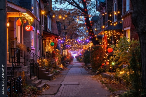 A lively city street adorned with colorful Christmas lights  creating a festive atmosphere for the holiday season  Quaint neighborhood with houses decorated in Halloween-themed lights  AI Generated