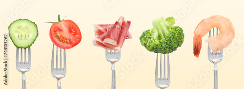 Forks with different food products on beige background, collection