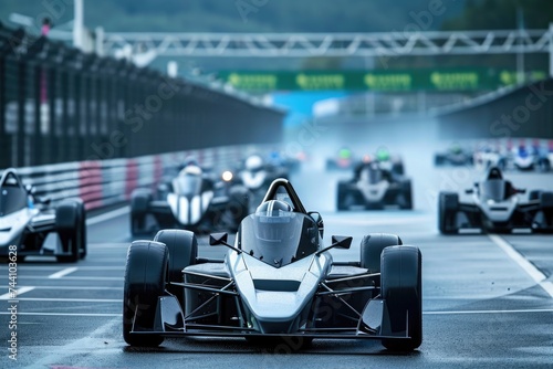 A fast-moving group of racing cars competing on a race track, Racers at the starting line in an all-electric car race, AI Generated
