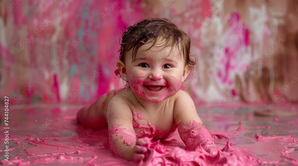 Fototapeta premium a baby latam beauty covered in pink paint