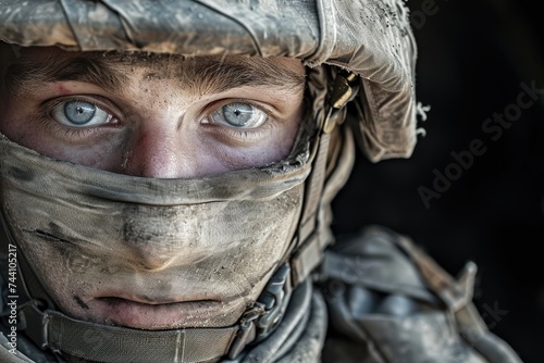 A detailed close-up shot showcasing a person wearing a sturdy safety helmet while engaged in construction work at a job site, Realistic portrait of a Paratrooper from the Special Forces, AI Generated