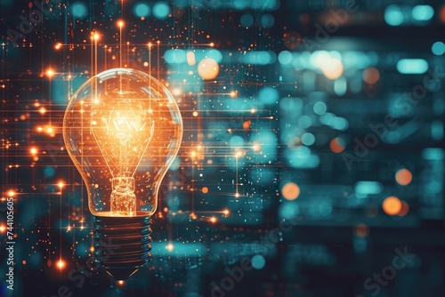 A single light bulb emits a strong glow against the dark background, illuminating the surroundings, Representation of forward-thinking innovation in business technologies, AI Generated