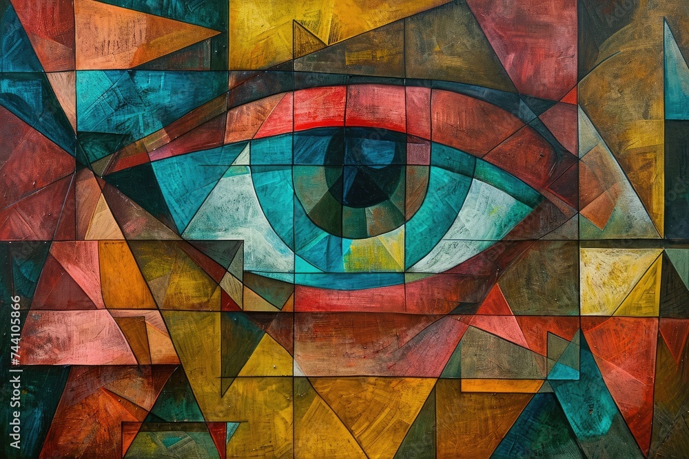 Fototapeta premium A striking painting of an eye with a wide range of vibrant colors, meticulously capturing the intricate details of the iris and pupil, Retinal imaging in a cubist style, AI Generated
