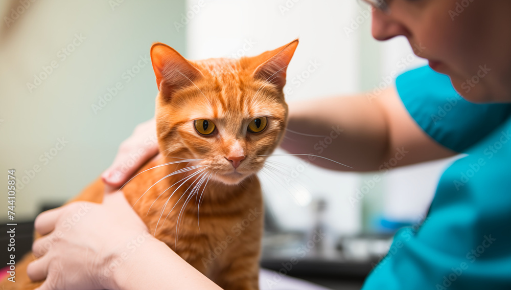 Red tabby cat examined in vet clinic