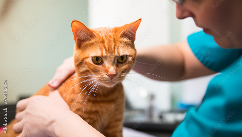 Red tabby cat examined in vet clinic Red tabby cat examined in vet clinic