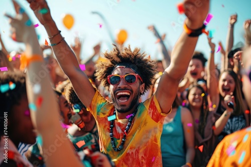 A man joyfully raises his arms in celebration amidst a colorful shower of confetti, Cheerful people jumping and dancing at a music festival, AI Generated