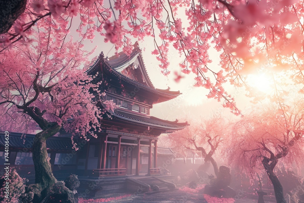 In this photo, the sunlight illuminates the cherry blossom trees, creating a beautiful contrast of light and shadows, Cherry blossom trees blooming around an ancient temple, AI Generated